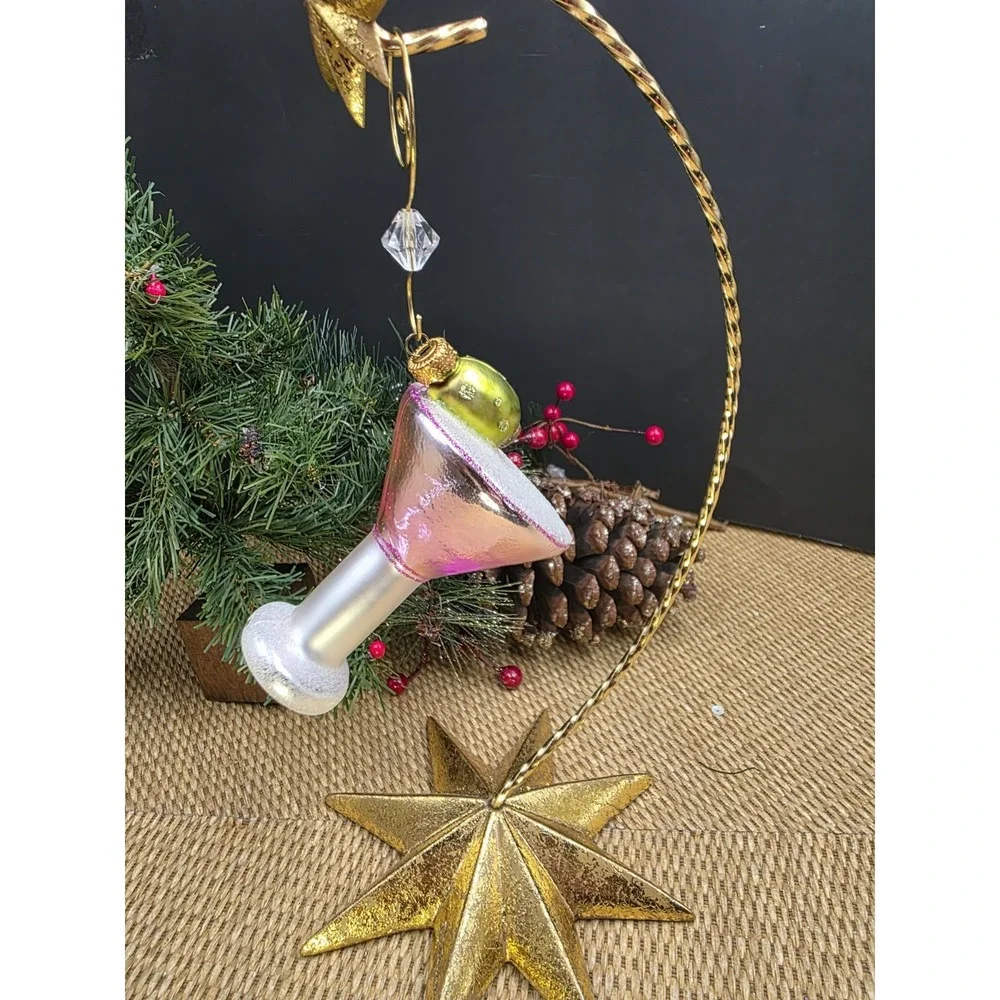 Pink Martini Glass‎ with Olive Blown Glass Christmas Ornament New Year's Theme